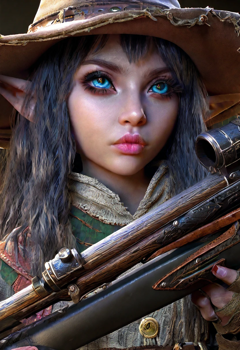 A goblin girl, beautiful detailed eyes, beautiful detailed lips, extremely detailed eyes and face, long eyelashes, in a western outfit, with a magic sniper rifle, 8k, highres, masterpiece, ultra-detailed, realistic, photorealistic, HDR, studio lighting, sharp focus, physically-based rendering, extreme detail description, professional, vivid colors, fantasy, sci-fi, dark fantasy