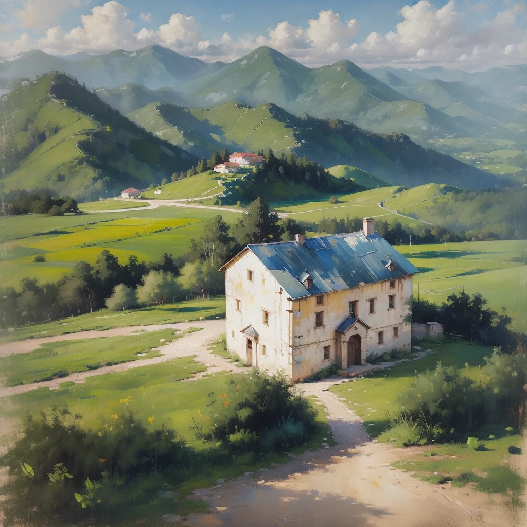 Mountain Landscape Print | Vintage oil painting, (OLD HOUSE) AERIAL VIEW OF MINAS GERAIS