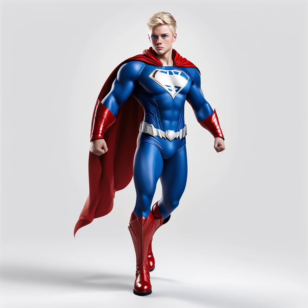 An white and blonde superhero,blue eyes with an blue white and red superhero clothing and a red cape, blue boots, full body, white background, realistic, full body