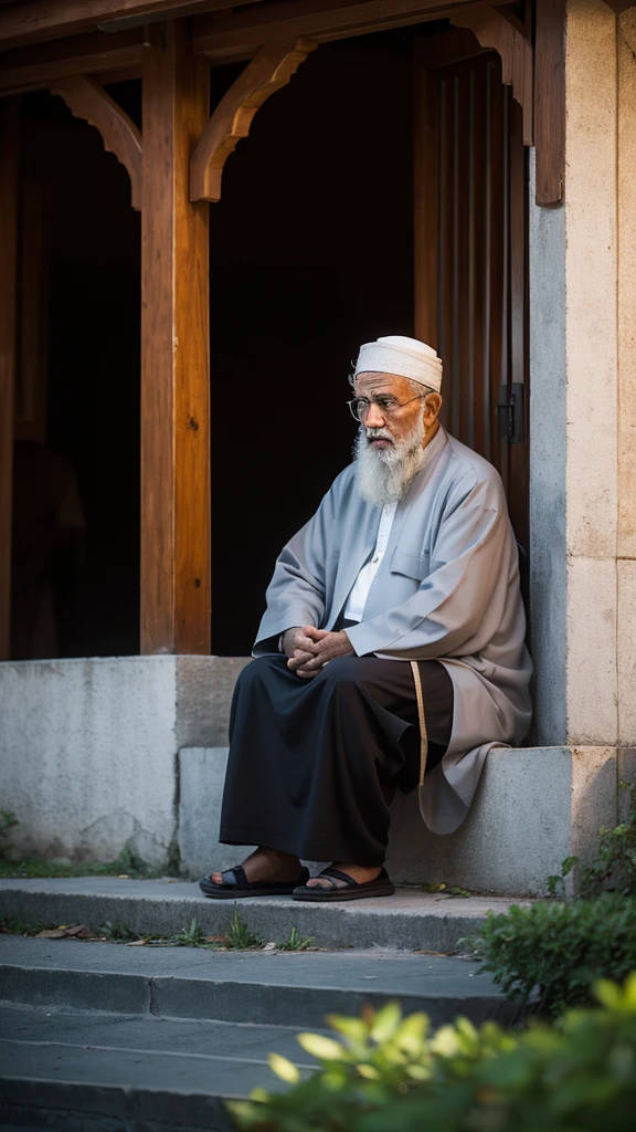 An old Muslim man who is in the midst of the hustle and bustle of urban or busy nature, but is focused on going to prayer at the mosque. In the background, you can see the splendor of nature or urban density, but the individual shows solemnity and calmness in carrying out his prayers. Soft light or the silhouette of a clear sky gives the impression of peace and deep spirituality at that moment. very real, high resolution, 8k resolution, intricate details