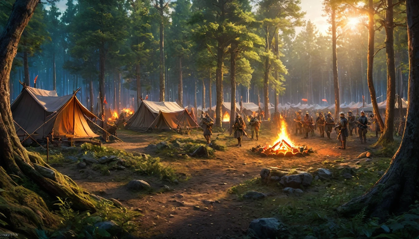 (anime, fantasy), (best quality, high resolution, depth of filed, HDR:1.2), (an army camp in the forest preparing for a siege, camp, soldiers, swords and bows, campfire), fantastical landscapes, vibrant colors, majestic, dark enchanted, dangerous atmosphere, beautiful, extremely detailed, intricate, delicate, serene fantasy, light filtering through the trees, bokeh, cinematic lighting, 8k, high quality