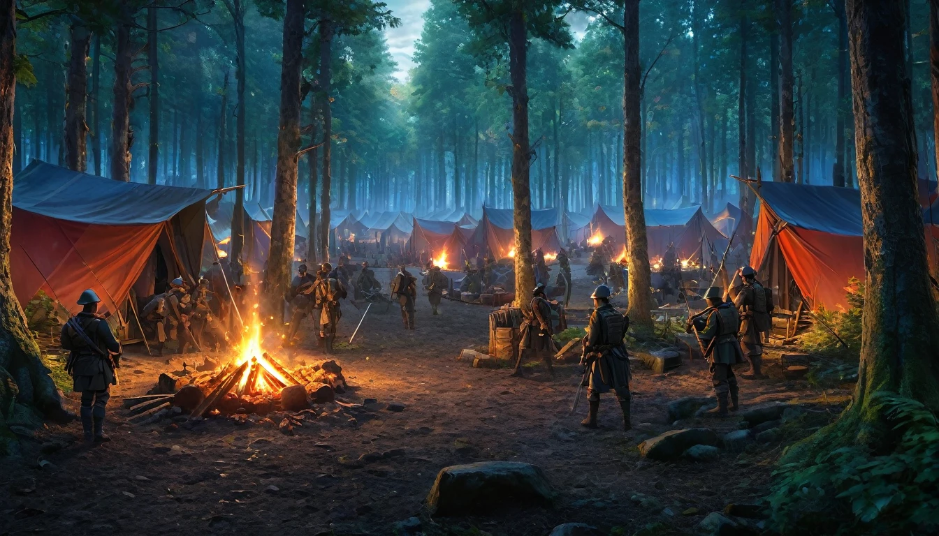 (anime, fantasy), (best quality, high resolution, depth of filed, HDR:1.2), (an army camp in the forest preparing for a siege, camp, soldiers, swords and bows, campfire), fantastical landscapes, vibrant colors, majestic, dark enchanted, dangerous atmosphere, beautiful, extremely detailed, intricate, delicate, serene fantasy, light filtering through the trees, bokeh, cinematic lighting, 8k, high quality