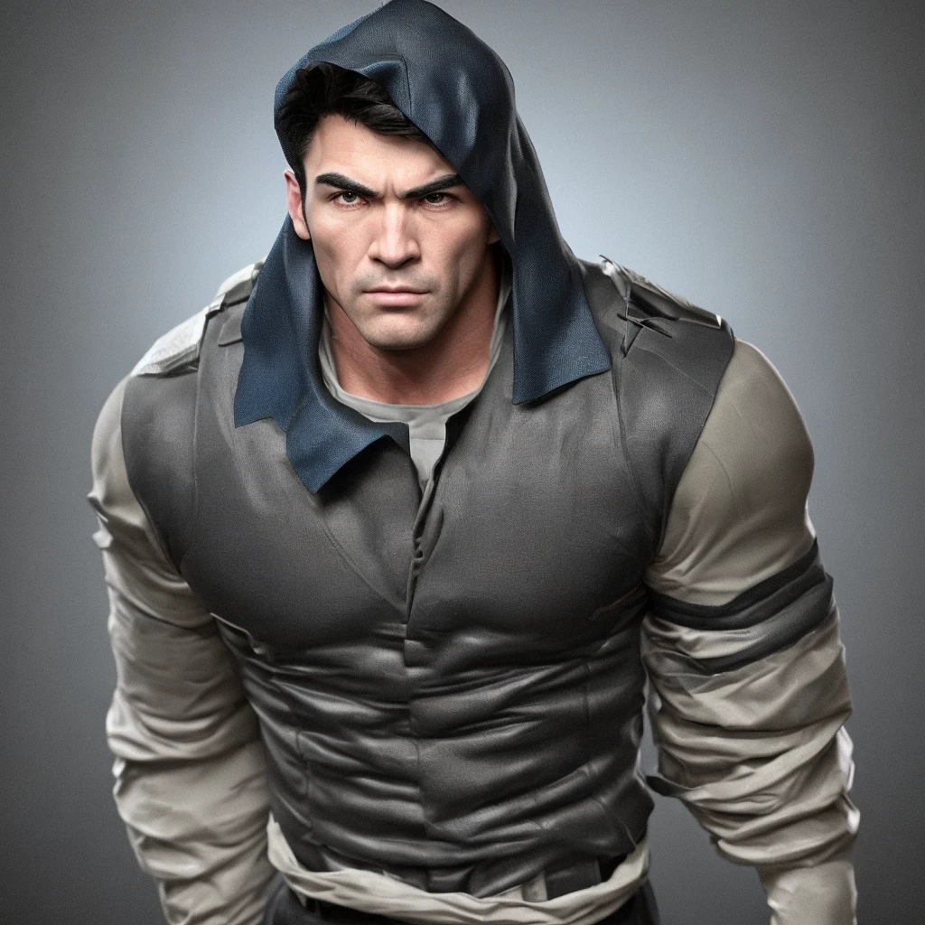 A full-body 3D male realistic model, wearing a full-body hero suit and cape in the pattern of a professional baseball uniform, a very short-haired, crew-cut, cool, dandy-looking, veteran-aged man with a shiny, sparkling blue cape that is longer than his body, gloves and a cap are always worn, an original hero, only the eyebrows, eyelashes and eyes are visible, his mouth is bandaged and sealed, the upper half of his face is bare with a sharp look in his eyes, he has six-pack abs, a muscular macho man with a sturdy body and a cool look, his legs are closed, his hands are clasped behind his back in an X shape, his whole body is bound and sealed with duct tape and he is held down. He has collapsed from exhaustion and is sleeping with his eyes closed. A coat of arms, in a dark room as the background, his whole body facing forward, backward, left and right (north, south, east and west), an image of him being restrained and mummified.