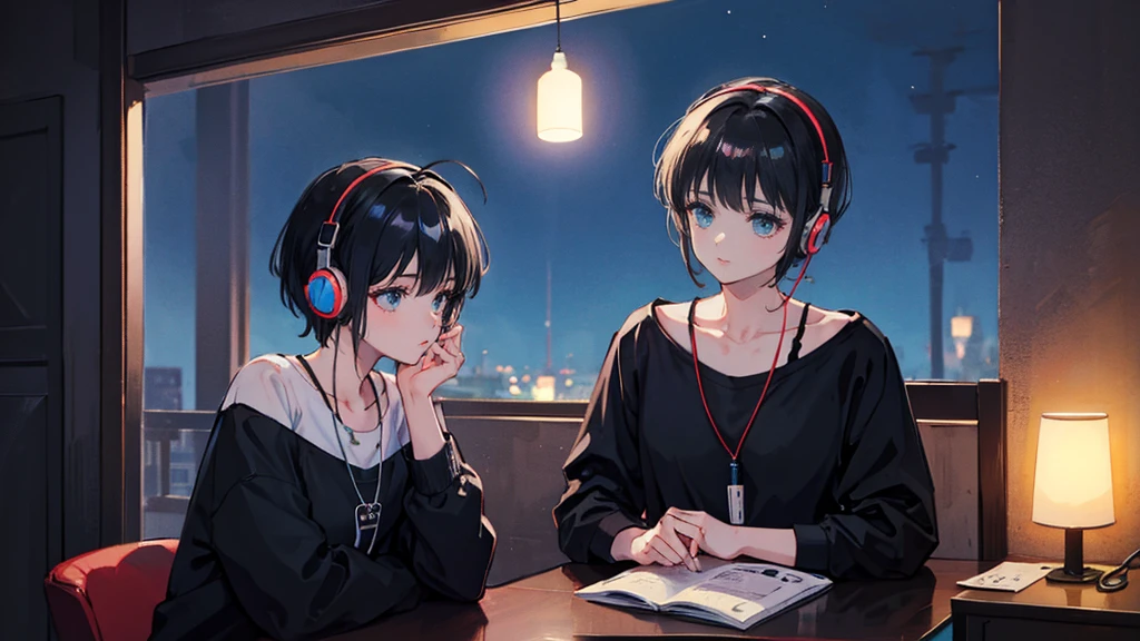 Black short Hair, Black Clothing, One Adult Woman Looking Sideways ,Blue headphones、 Delicate background、Masterpiece、night、dark、Nostalgic、night lighting、Inside the room