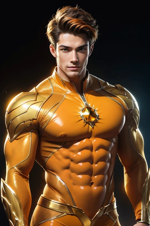 Half body focus photorealistic handsome hunky fractal masculine Sun Boy.. wearing a Orange and yellow citrine transparent crystal chrome glass super suit , look at camera, detailed face parts,, studio as background, Freestyle Pose, Happy Expression, perfect anatomy, symmetric body,, 18 years old, :: high detail, a lean athletic body, realistic, human skin, extremely detailed fingers, chad chin,, masculine, human skin, (eyes contact), gorgeous, Attractive. super bulges