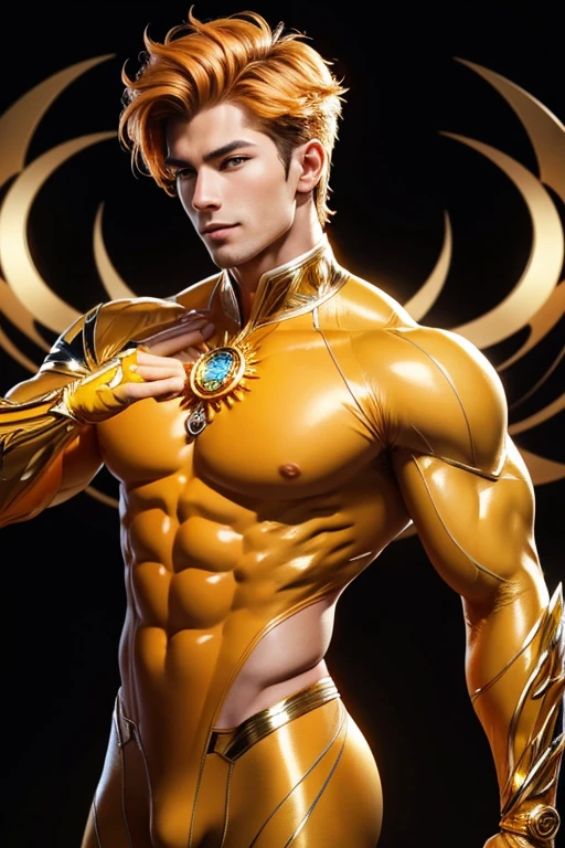 Half body focus photorealistic handsome hunky fractal masculine Sun Boy.. wearing a Orange and yellow citrine transparent crystal chrome glass super suit , look at camera, detailed face parts,, studio as background, Freestyle Pose, Happy Expression, perfect anatomy, symmetric body,, 18 years old,  :: high detail, a lean athletic body, realistic, human skin, extremely detailed fingers,  chad chin,, masculine, human skin, (eyes contact), gorgeous, Attractive. super bulges