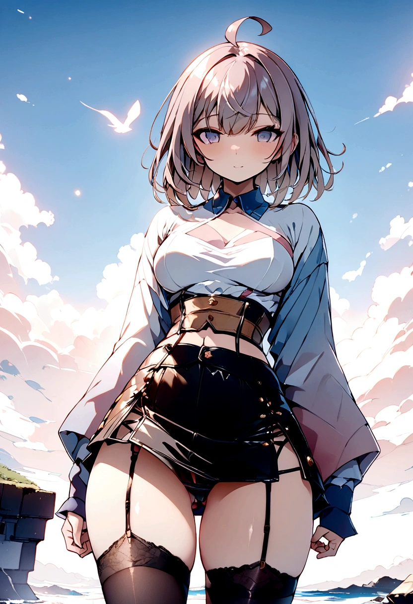 ((masterpiece, best quality)), (1girl), (solo), (female focus), (ahoge, white hair, short hair), black eyes, ((white corset), (buttoned corset)), ((black skirt), (short skirt)), standing, white background, arms behind back, detailed eyes, heavy make up, garter belt, stocking, rabbit ear