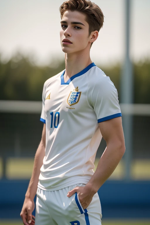 high school soccer player, wearing a soccer uniform, white and gold uniform, looking at the camera, handsome boy, attractive boy, symmetry, focus on the boy, model pose, slim and strong, beauty, biceps, artistic portrait, artistic photo, pose, pale skin, caucasian boy, geek model, top model, european boy, euroboy, show biceps, sport boy, full body, 1boy, solo, top model, pose, perfect body, tight, sweat, RAW, film grain, dramatic light, high fidelity, 4k, ultra detailed, texture, realistic texture