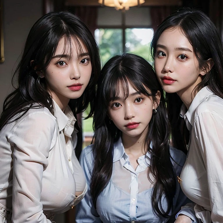 Absurd, RAW Photos, Very delicate and beautiful, masterpiece, Highest quality, Ultra-high resolution, 16K, Surreal, Super detailed, Highly detailed CG 8K wallpaper, Beautiful lighting, Perfect Lightning, Realistic Shadows, Perfect Anatomy, Highly detailed skin, Perfect figure, Japanese women, 20th Generation, Very slim figure, Tight waist, very small head, Handsome detailed woman, Highly detailed eyes and face, Realistic Face Proportions, Stunning eye for detail, Realistic beautiful face, Very small face, Realistic small beautiful eyes, double eyelid, compensate, Tearful mole, Mole on chest, Earrings, barefoot, beautiful and very thin legs, Beautiful and very slim thighs, (Very big round breasts:1.4), (Full Body Shot), short hair, Wavy Hair, Sweat, (Three Girls:1.5), (Collared shirt dress:1.5), (No sleeve, Bare arms, barefoot, Fitted),