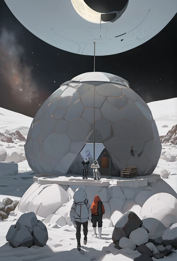 Peoples on moon, igloo in background