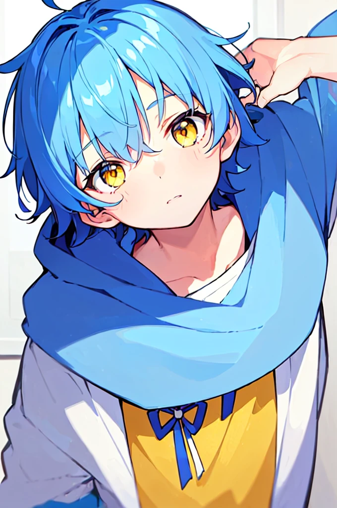 [(WHITE BACKGROUND:1.5),::5], ((((masterpiece)))), high quality, very_high_resolution, large_filesize, upper body, full color, ((Solo)), ((little boy)), 13 old year, men's short deepblue hair, vivid color, ((yellow eye)), Summer clothes white, animestyle,