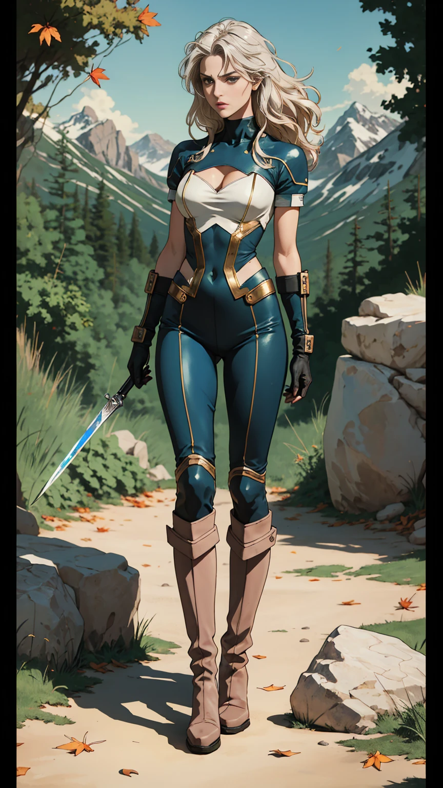 (((full body photo))),A middle-aged beautiful woman, long platinum-blond hair, neatly combed hair, a square face, a serious expression, sharp eyes, tall figure, a dark fantasy-realistic style bodysuit, short sleeve, a silver-white chestplate, gloves with metal accessories, three metal blades extending from the gloves, tight-fitting pants that match the bodysuit, silver-white metal shin guards, boots, the background is a mountain forest at night, with falling leaves, this character embodies a finely crafted fantasy-realistic style assassin in anime style, characterized by an exquisite and mature manga illustration art style, high definition, best quality, highres, ultra-detailed, ultra-fine painting, extremely delicate, professional, anatomically correct, symmetrical face, extremely detailed eyes and face, high quality eyes, creativity, RAW photo, UHD, 8k, Natural light, cinematic lighting, masterpiece-anatomy-perfect, masterpiece:1.5