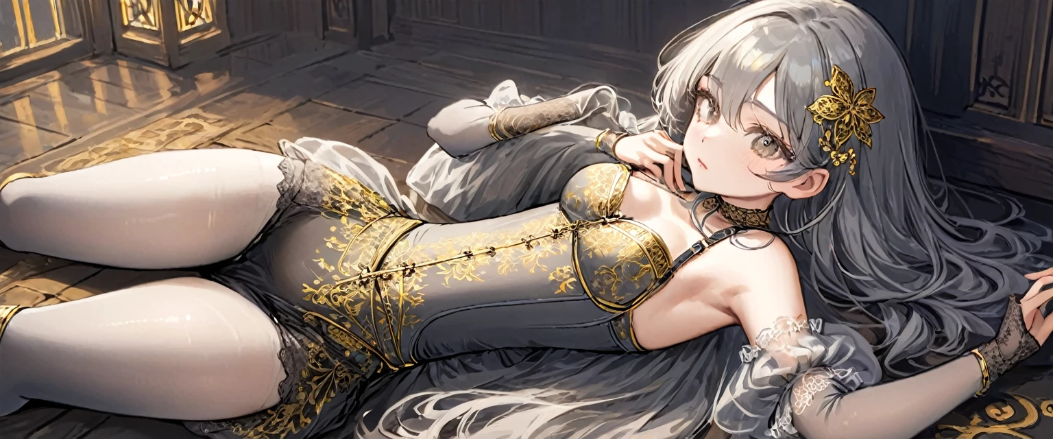 Medieval１People Girls、 Gold and silver embroidery、In underwear、Knee-length semi-transparent bloomers（With gold and silver lace）Wearing、Wearing a semi-transparent corset、 Grey translucent tights、Lying down