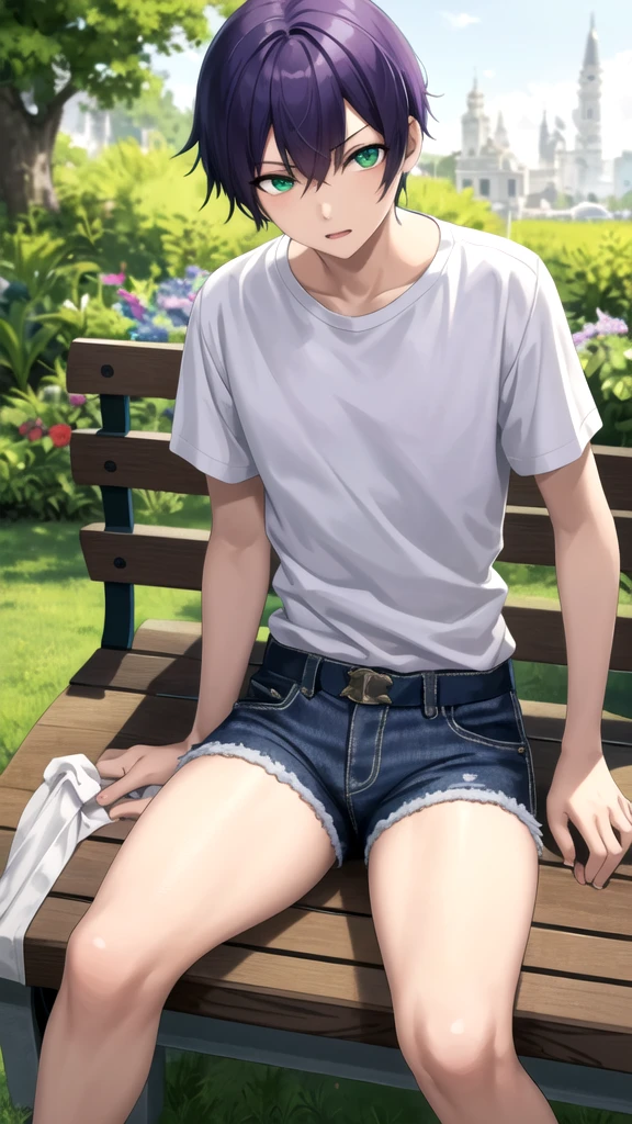 masterpiece, best quality, high quality, 1boy, solo, 14-year-old boy,evil boy,male focus, looking at viewer , purple hair, old-school swoop haircut,white shirt with short sleeves,blue jean shorts, green eyes, sitting on a bench 