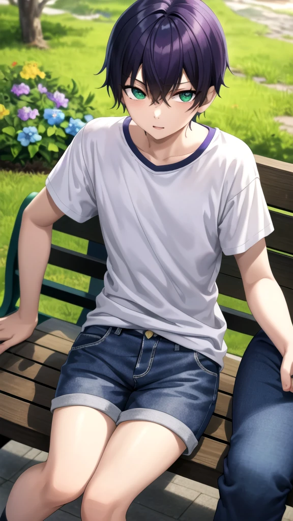 masterpiece, best quality, high quality, 1boy, solo, 14-year-old boy,evil boy,male focus, looking at viewer , purple hair, old-school swoop haircut,white shirt with short sleeves,blue jean shorts, green eyes, sitting on a bench