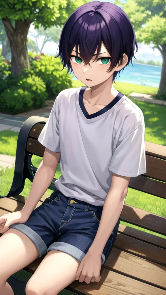 masterpiece, best quality, high quality, 1boy, solo, 14-year-old boy,evil boy,male focus, looking at viewer , purple hair, old-school swoop haircut,white shirt with short sleeves,blue jean shorts, green eyes, sitting on a bench 