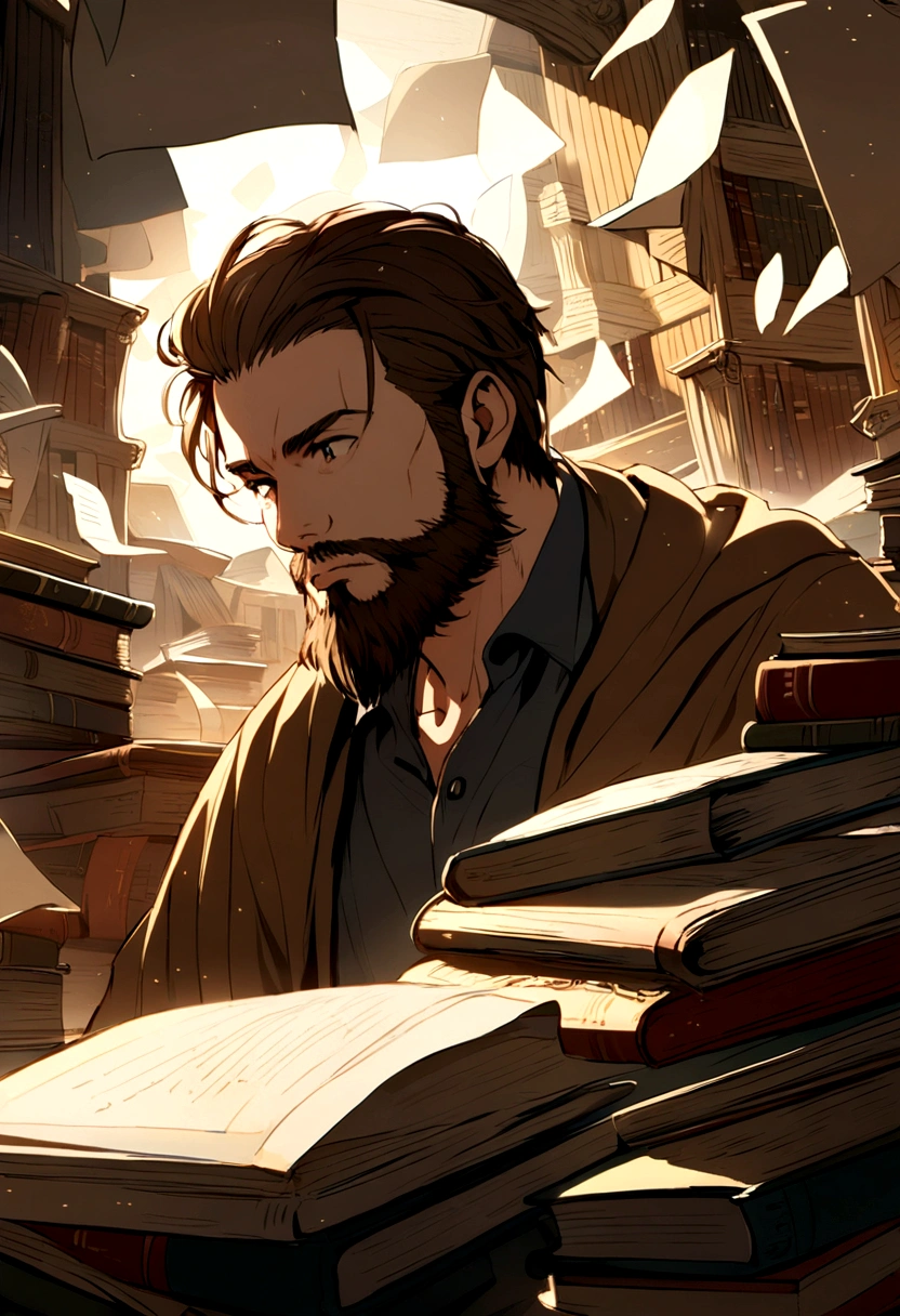 guy with long brown hair, with a brown and mid beard in a background only of books and papers flying around
