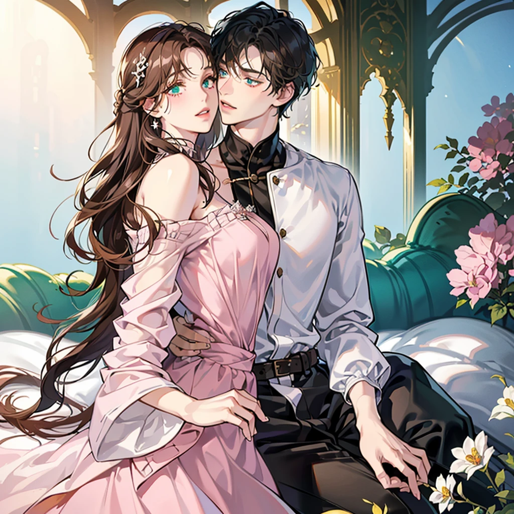 (Masterpiece: 1,2), (photorealistic: 1,2), (best quality), ((realistic: 1.3)), (intricate details)
((A HETERO COUPLE)) hugging, the boy has his head resting in her breasts, and the girl holds the boy’s shoulder. the boy has a young appearance, with ((HIS BLACK shoulder-length hair)), bangs between his eyes, pale skin like a milk, and light blue eyes that seem to reflect the shadows around him. He has a calm but serious expression. He is wearing a blue shirt and a black pants. The boy's body is tall, tall and thin.
the girl has a young and cute appearance, a gentle smile and a cheerful expression, pale pink skin, freckles on the skin, ((long and wavy brown hair)), bangs on the forehead, green eyes, large eyelashes, pink lips, pink cheeks, a dress, cute earrings, hair clip. the girl's body is small, cute and feminine. the scenery is a flowery garden, the sunlight reflects on them. both of them are smiling and blushing.