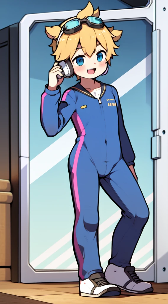 Two-dimensional boy，One-piece mountaineering suit，trumpet，Cow ears，Put the headphones on your head，stand up，goggles，sports shoes，Slim，Happy，Sailor collar