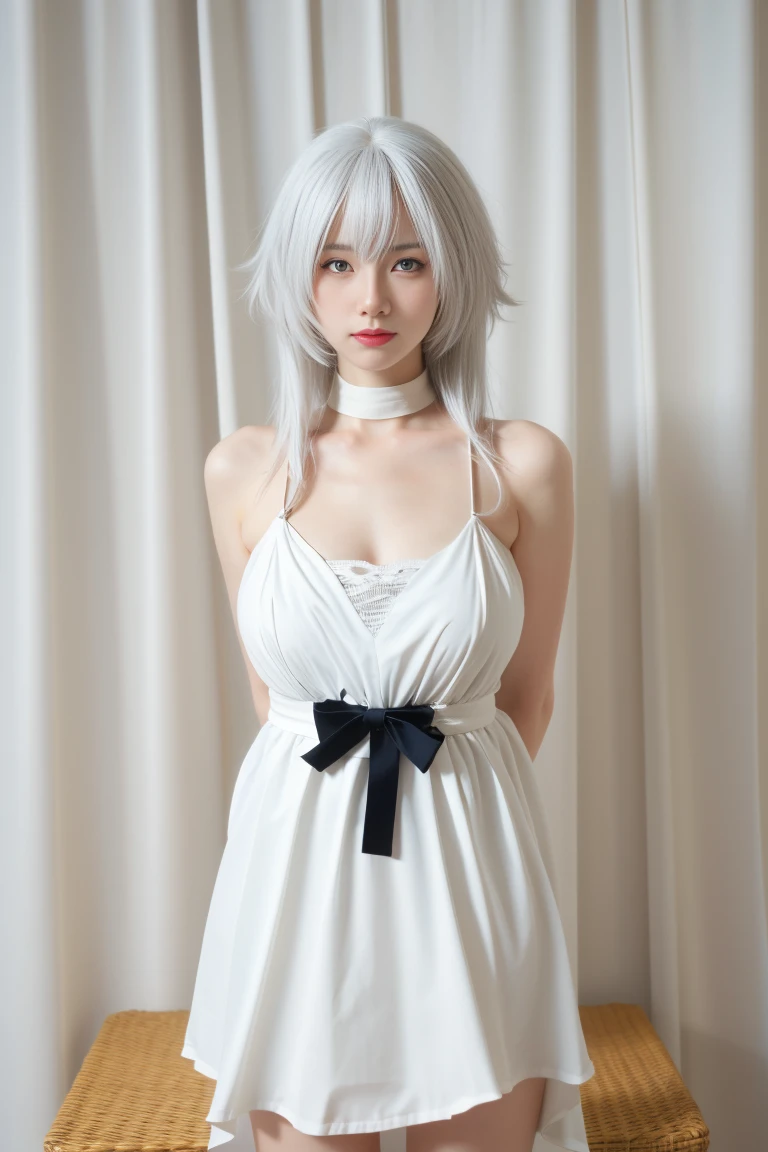  best quality, tmasterpiece,Ultra-high resolution,Clear face,（Reality：1.4），ferpect lighting，(upper body photo), (photorealistic:1.50), anime wallpaper, Guviz style artwork, cover-up fantasy up to magic , by Yang J, Guviz, beautiful artwork illustration, beautiful digital artwork, beautiful digital illustration, Li Song, beautiful anime portrait, art style in Beauvot, 1girl, Slim Belly Beauty: 1.3,(medium Breasts: 1.2), Dress: 1.1, Super Delicate Face, Delicate Eyes, Double Eyelids, Smile, Home, short hair, white hair, multi color hair, bangs, (maid dress:1.5), Bare shoulders, (standing), upper body, smile,