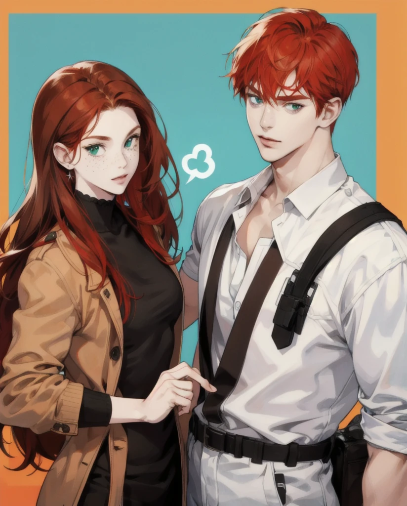 Red head girl with freckles and green eyes standing with a handsome guy with brown hair and blue eyes