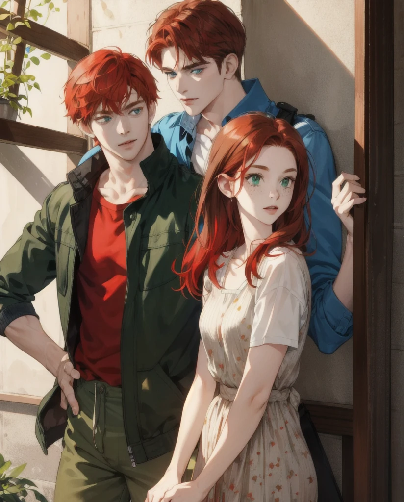 Red head girl with freckles and green eyes standing with a handsome guy with brown hair and blue eyes
