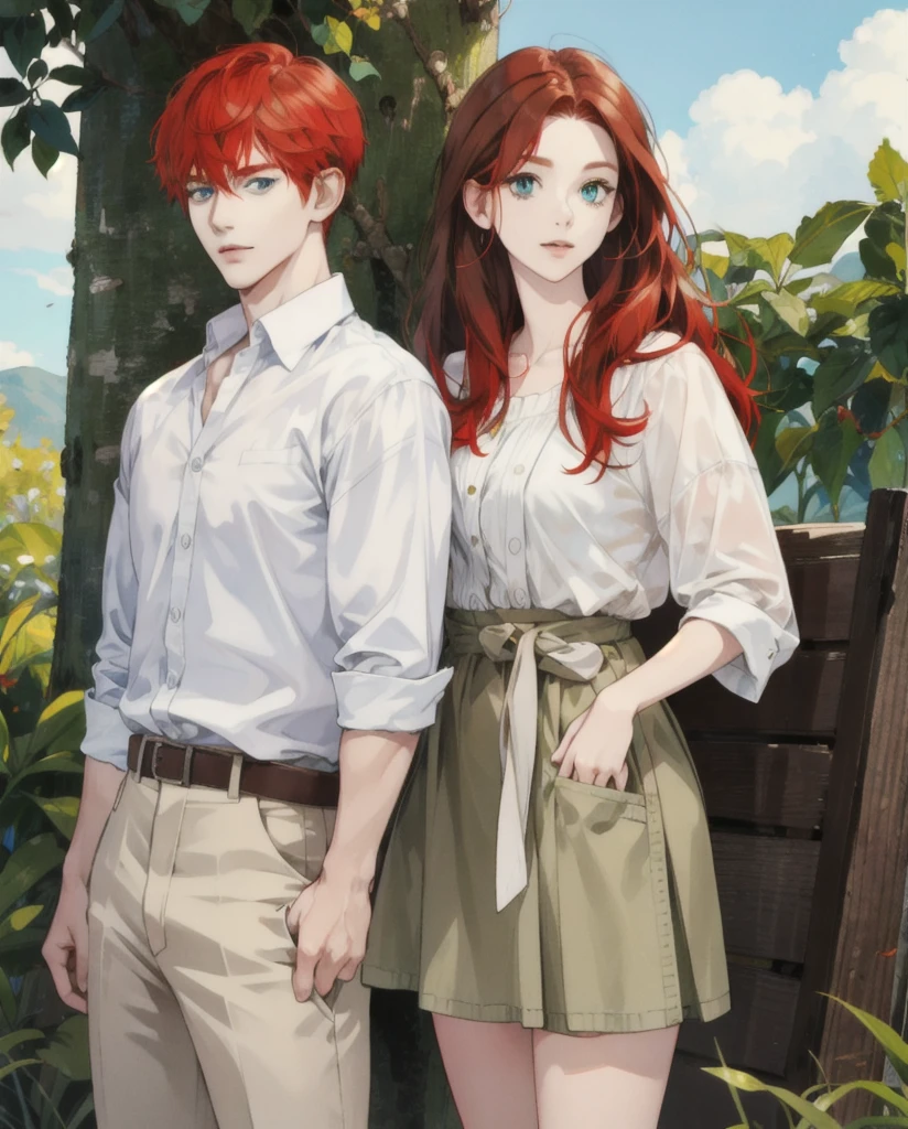 Red head girl with freckles and green eyes standing with a handsome guy with brown hair and blue eyes