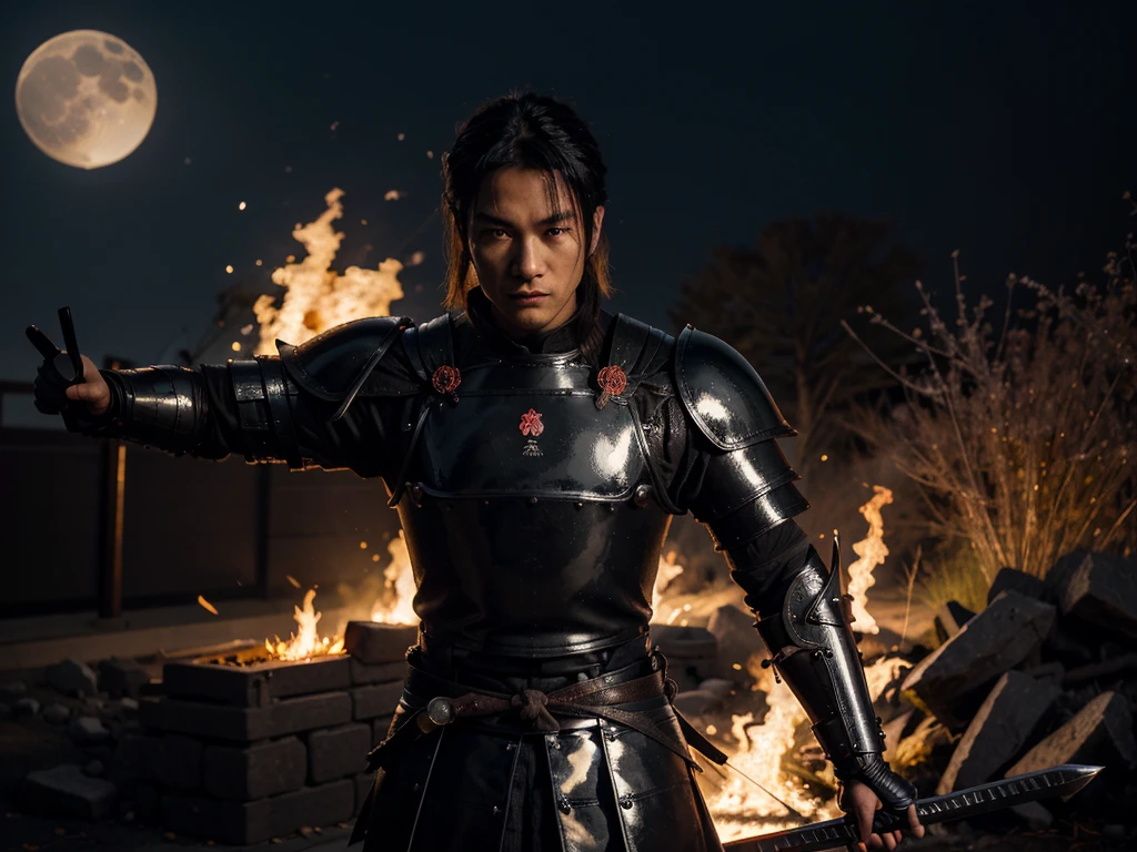 A samurai with a complete and shiny black armor, he is wielding a sword, on his back there is a fire from an ancient Japan city and its flames reflect on the samurai's brilliant armor along with the moon.