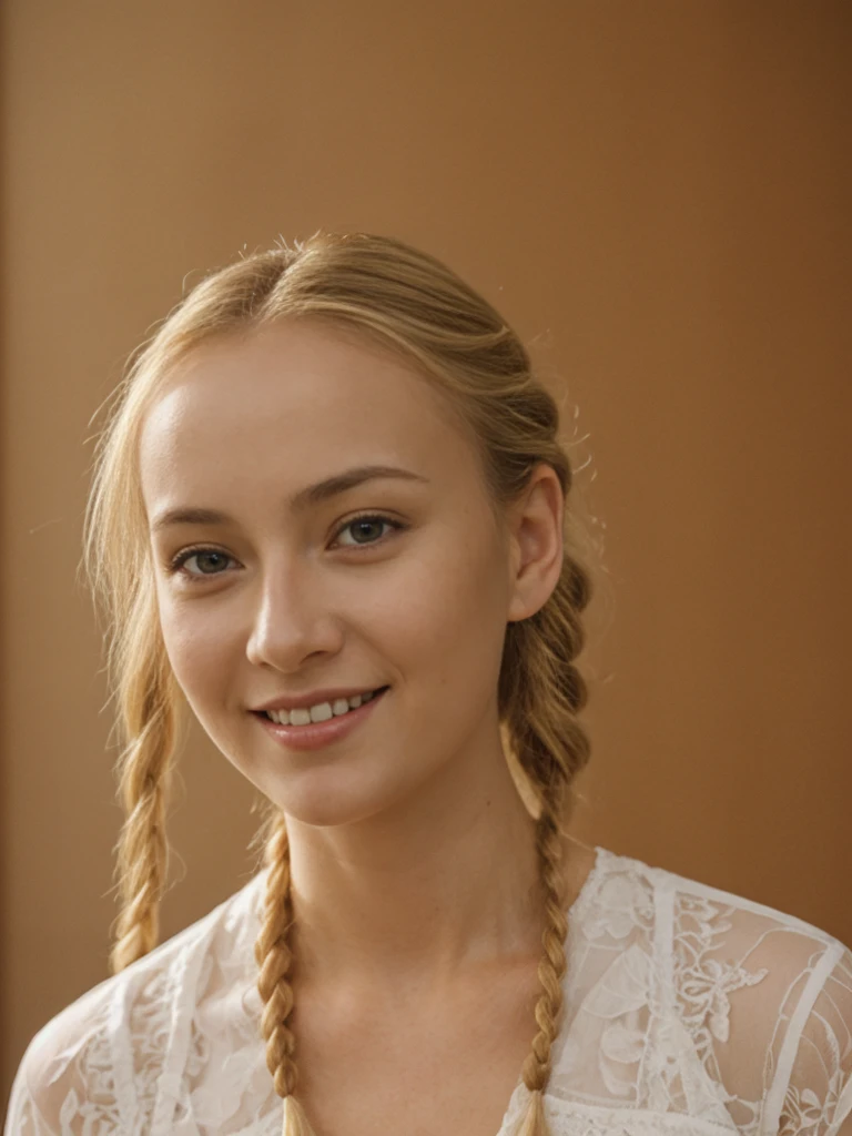 solo, realistic, photorealistic, natural lighting, (large forehead, (((Latvian woman))), (((Latvian nose))), (((Latvian eyes))), (((blonde))), (((braids))), (((Latvian face))), (((Latvian lips))), (((Latvian body))), (((fair complexion))) smiling, wearing Kimono Sleeve Dress, cleavage, pose: standing, background: Live music meets interactive art. Indie and electronic tunes. Guests can join art projects and workshops.