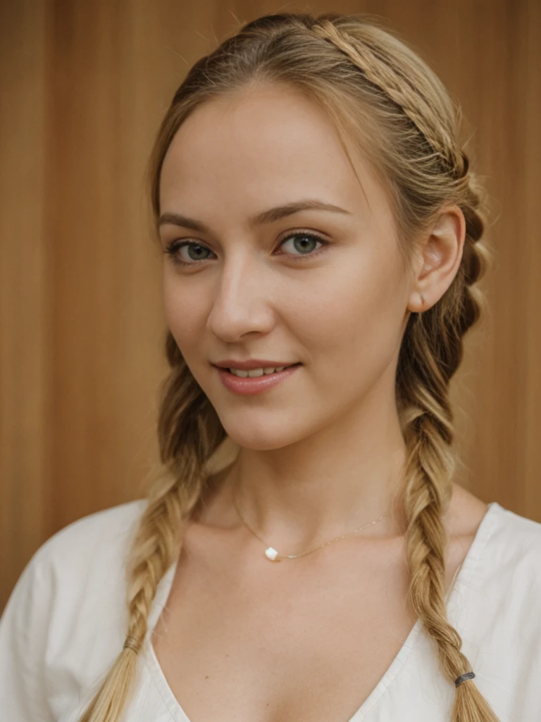 solo, realistic, photorealistic, natural lighting, (large forehead, (((Latvian woman))), (((Latvian nose))), (((Latvian eyes))), (((blonde))), (((braids))), (((Latvian face))), (((Latvian lips))), (((Latvian body))), (((fair complexion))) smiling, wearing Kimono Sleeve Dress, cleavage, pose: standing, background: Live music meets interactive art. Indie and electronic tunes. Guests can join art projects and workshops.