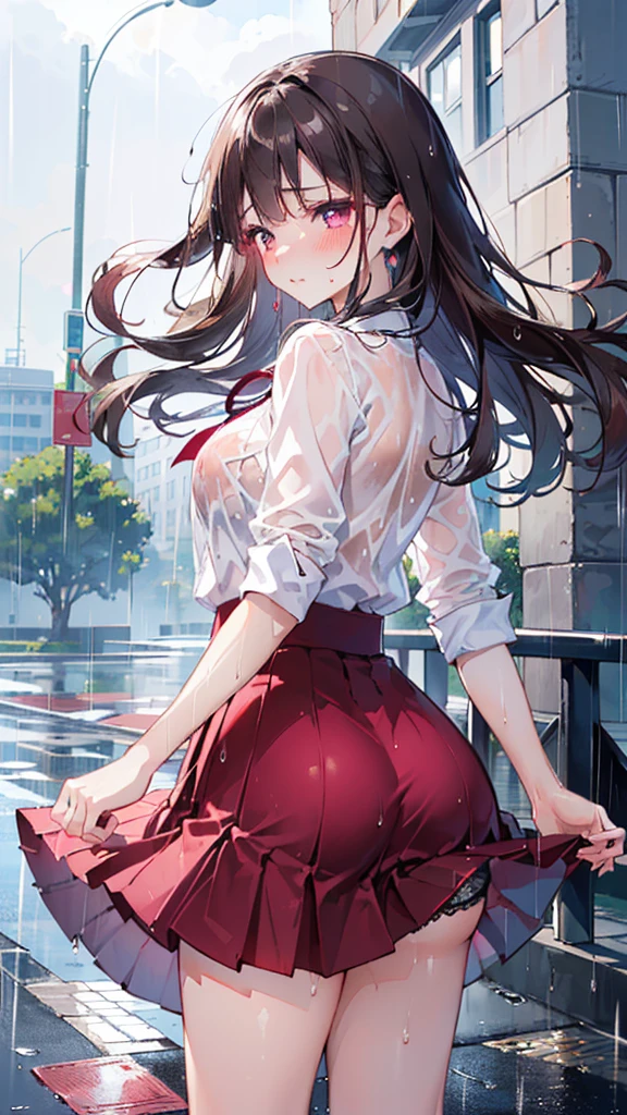 (Best quality, 8k, 32k, Masterpiece, UHD,:1.2),RAW, human, 1girl,ultra cute , ultra cute, natural lighting, transparent shining eyes, 20yo, medium breast ,femur, fair complexion , flushed face ,dark brown hair,Long Wave Hair, governess, Shy laughter、Beautiful Medium Big、White Shirt, Deep Red high waist skirt , ((Deep Red Skirt)), well-styled, (((Blushing cheeks、embarassed expression)),(((The skirt is rolled up by the wind)))、((You can see all the panties))、Light Pink Lace Panties, From Behind, rainy, wet, see-through, wet hair, wet Clothes, rain, Cowboy shot, on the street, Dynamic angle