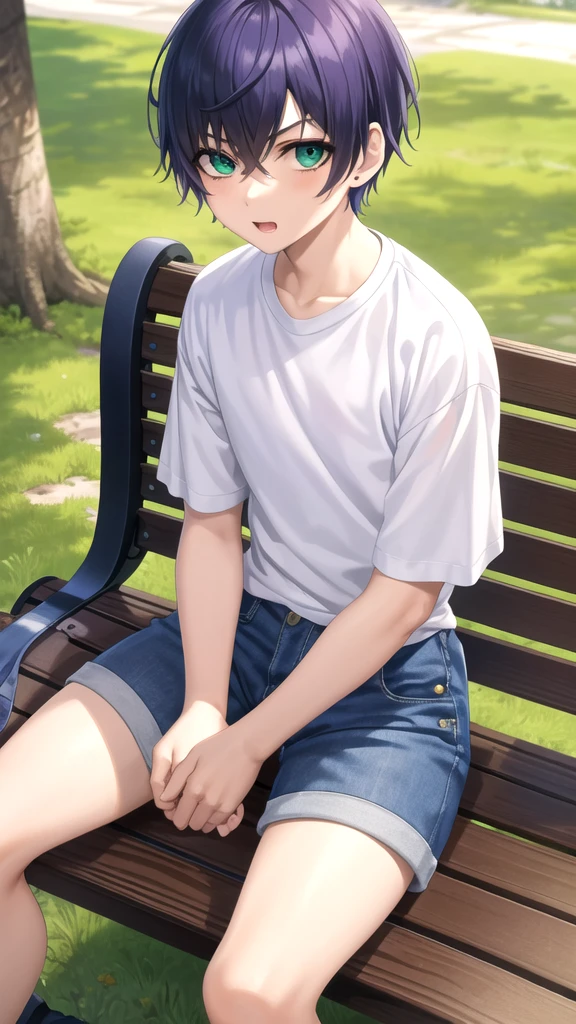 masterpiece, best quality, high quality, 1boy, solo, 14-year-old boy,evil boy,male focus, looking at viewer , purple hair, old-school swoop haircut,white shirt with short sleeves,blue jean shorts, green eyes, sitting on a bench 