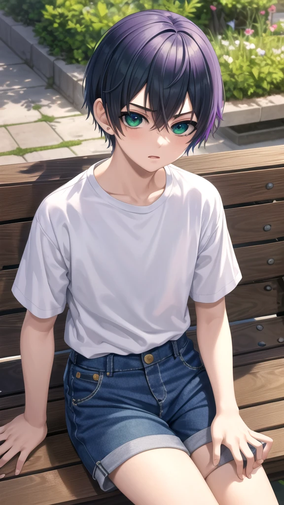 masterpiece, best quality, high quality, 1boy, solo, 14-year-old boy,evil boy,male focus, looking at viewer , purple hair, old-school swoop haircut,white shirt with short sleeves,blue jean shorts, green eyes, sitting on a bench 