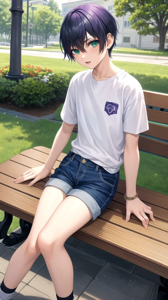 masterpiece, best quality, high quality, 1boy, solo, 14-year-old boy,evil boy,male focus, looking at viewer , purple hair, old-school swoop haircut,white shirt with short sleeves,blue jean shorts, green eyes, sitting on a bench 