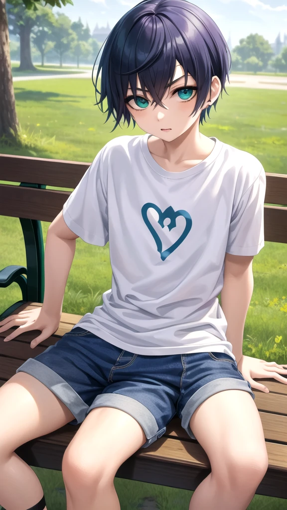 masterpiece, best quality, high quality, 1boy, solo, 14-year-old boy,evil boy,male focus, looking at viewer , purple hair, old-school swoop haircut,white shirt with short sleeves,blue jean shorts, green eyes, sitting on a bench 