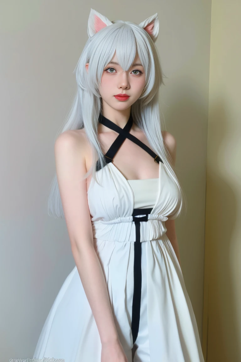 best quality, tmasterpiece,Ultra-high resolution,Clear face,（Reality：1.4），ferpect lighting，(upper body shot:1.5), (photorealistic:1.50), anime wallpaper, Guviz style artwork, cover-up fantasy up to magic , by Yang J, Guviz, beautiful artwork illustration, beautiful digital artwork, beautiful digital illustration, Li Song, beautiful anime portrait, art style in Beauvot,1girl, 独奏, (white hair:1.3), long hair, animal ears, blue eyes, white clothes, bracelets, bare shoulders, (blue ribbons), (ribbons), plaid, gladiator sandals, big breast, standing, indoor, Curtain background,
