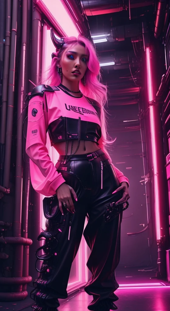 a close up of a woman in a neon outfit, cyberpunk vibe, cyberpunk with neon lighting, bright cyberpunk glow, cyberpunk vibes, cyberpunk lighting, cyberpunk style, neon cyberpunk style, in cyberpunk style, cyberpunk look, dreamy cyberpunk girl, cyberpunk photo, neon cyberpunk, cyberpunk aesthetic, cyberpunk streetwear, aesthetic cyberpunk, cyberpunk art style, wearing cyberpunk streetwear,jacket, perfect fingers,neaon hair color, detail texture, detail hair,long Pants neon black, beautiful face,hair wavy,shoes neon black detailed,