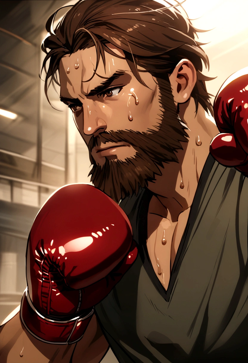 guy with long brown hair, with a brown and mid beard with boxing gloves sweating