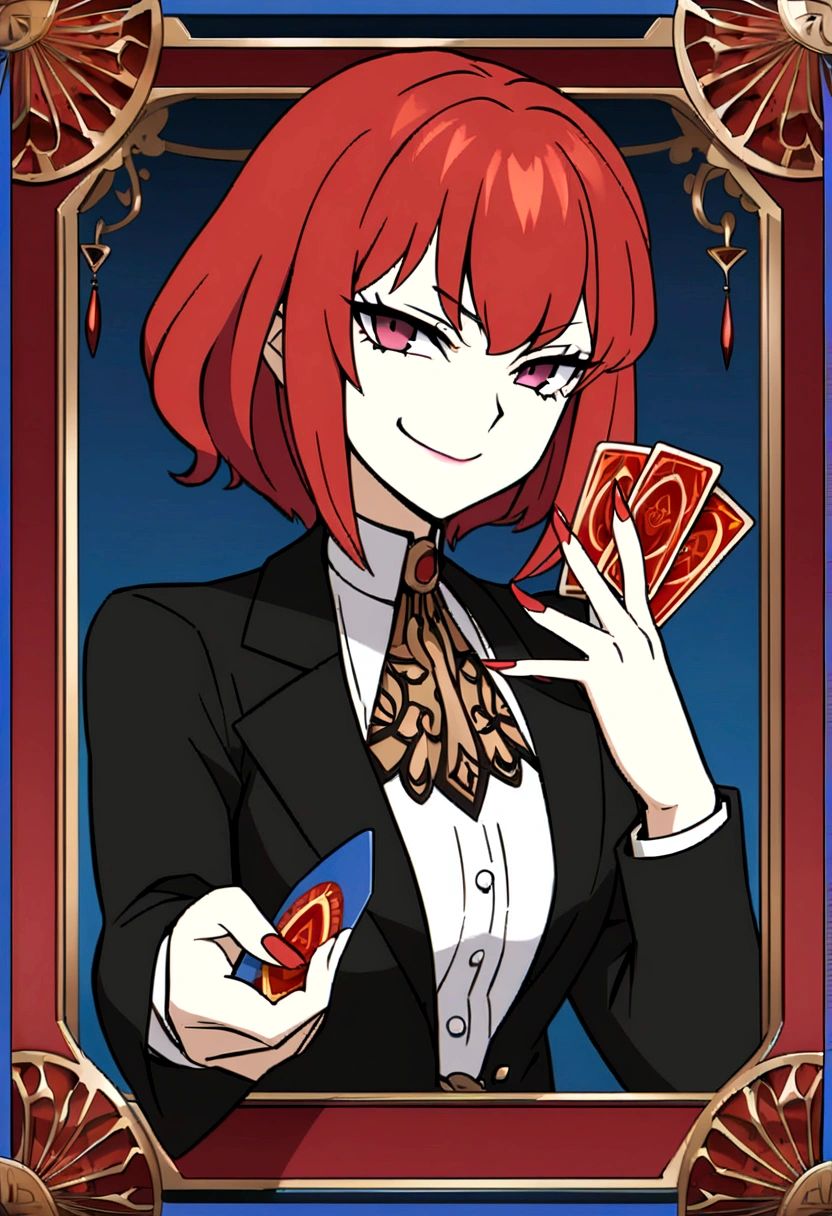 maximum quality, High resolution artwork, 1 anime girl with crimson-red hair,Wearing a black overcoat with a blue border , Senate in a chair , Holding cards with the name CUE on them , giving an evil smile, with a seductive look