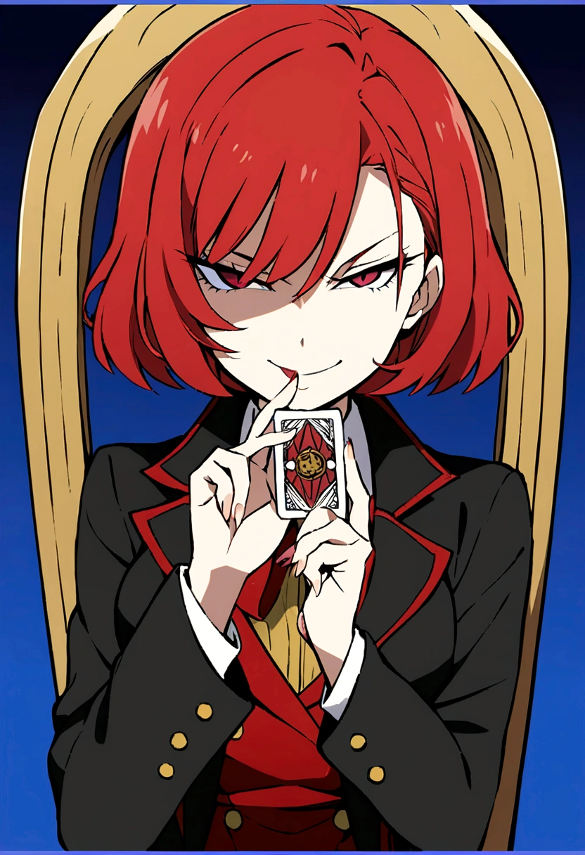 maximum quality, High resolution artwork, 1 anime girl with crimson-red hair,Wearing a black overcoat with a blue border , Senate in a chair , Holding cards with the name CUE on them , giving an evil smile, with a seductive look