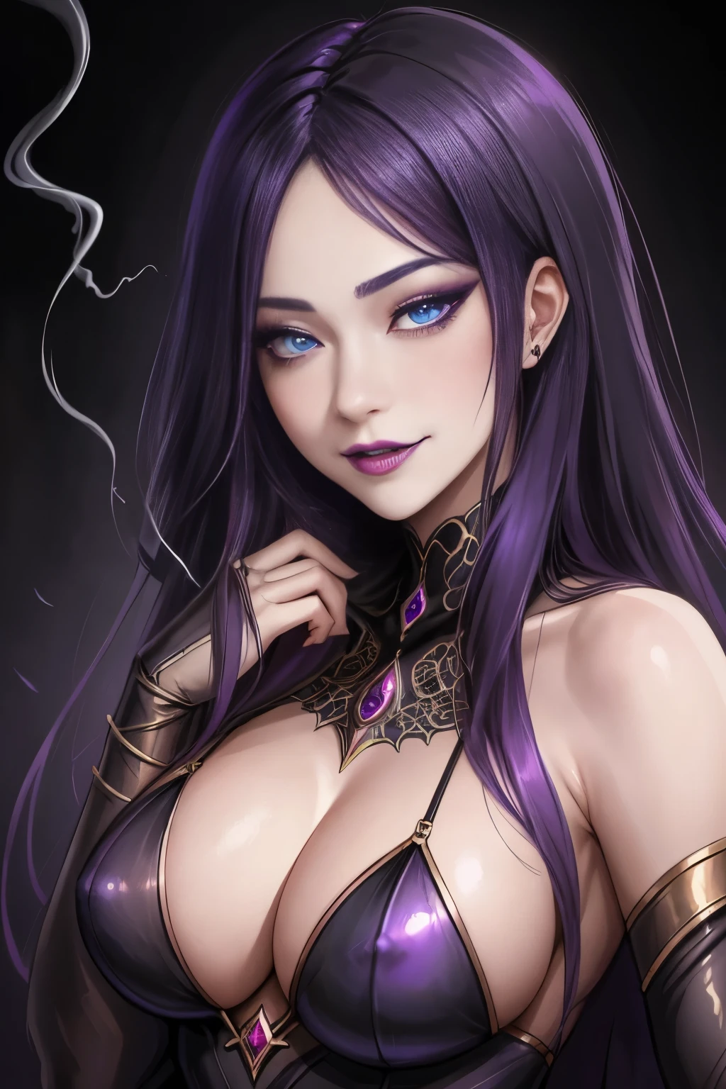 強力なスーパーevil女がクローズアップでポーズをとる, Black Goddess (Bare shoulders), length, Flowing purple hair, View your audience, Highly detailed face, Perfect hands, Blue smoke swirling around her, evil事を愛する, Captivating blue eyes, Dark fantasy, , realistic girl rendering, 8k artistic german bokeh, Enchanting girl, Real Girls, Gurwitz, Gurwitz-style artwork, Girl Roleplay, Realistic 3D style, cgstation Popular Topics,, 8K Portrait Rendering,(truth,truth:1.4)、Genuine, Symmetric, High detail, Esoteric arachnids lady, Spider Queen Elise, League of Legends, Esoteric arachnids, Combat Stance, ( The body is made with liquid metallic paints in metallic mauve and metallic black....、It beautifully depicts the female form....。), length, Sharp Fangs, nature, ((Complex metallic colors in the foreground)), (( Fluid Mechanics, The most beautiful smooth scale face makeup, Smirking expression)) - Dark blood, Onyxia、Noir painting of a beautiful young witch, length purple hair, dark purple lips, evil, evil女, smile, Black Prom Dress, She is coming to you, close, Bright Blue Eyes, Surrounded by swirling pink smoke, Genuine, High detail, Highest quality