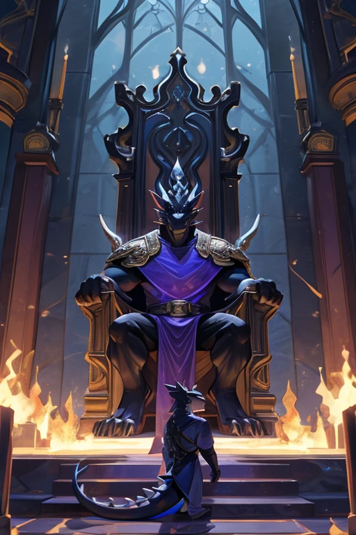 A creature with black face markings going down from its eyes to its cheeks. It has purple eyes, Its eyes glow. It has black hair with grey and purple streaks, It is male. The creature is sitting on a throne made of bones. It is full of despair. The creature is wearing black armour. Creature is wearing a helmet. Creature has a dragon baby on the arm of his throne. Really dark. Creature's face is hidden