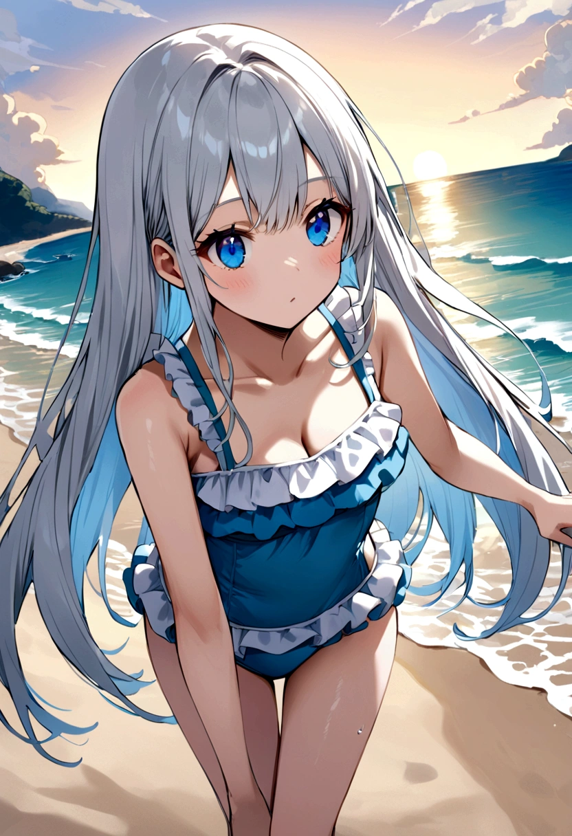 Gray Hair、Long Hair、Bright Blue Eyes、upon、Frilled swimsuit、Beach