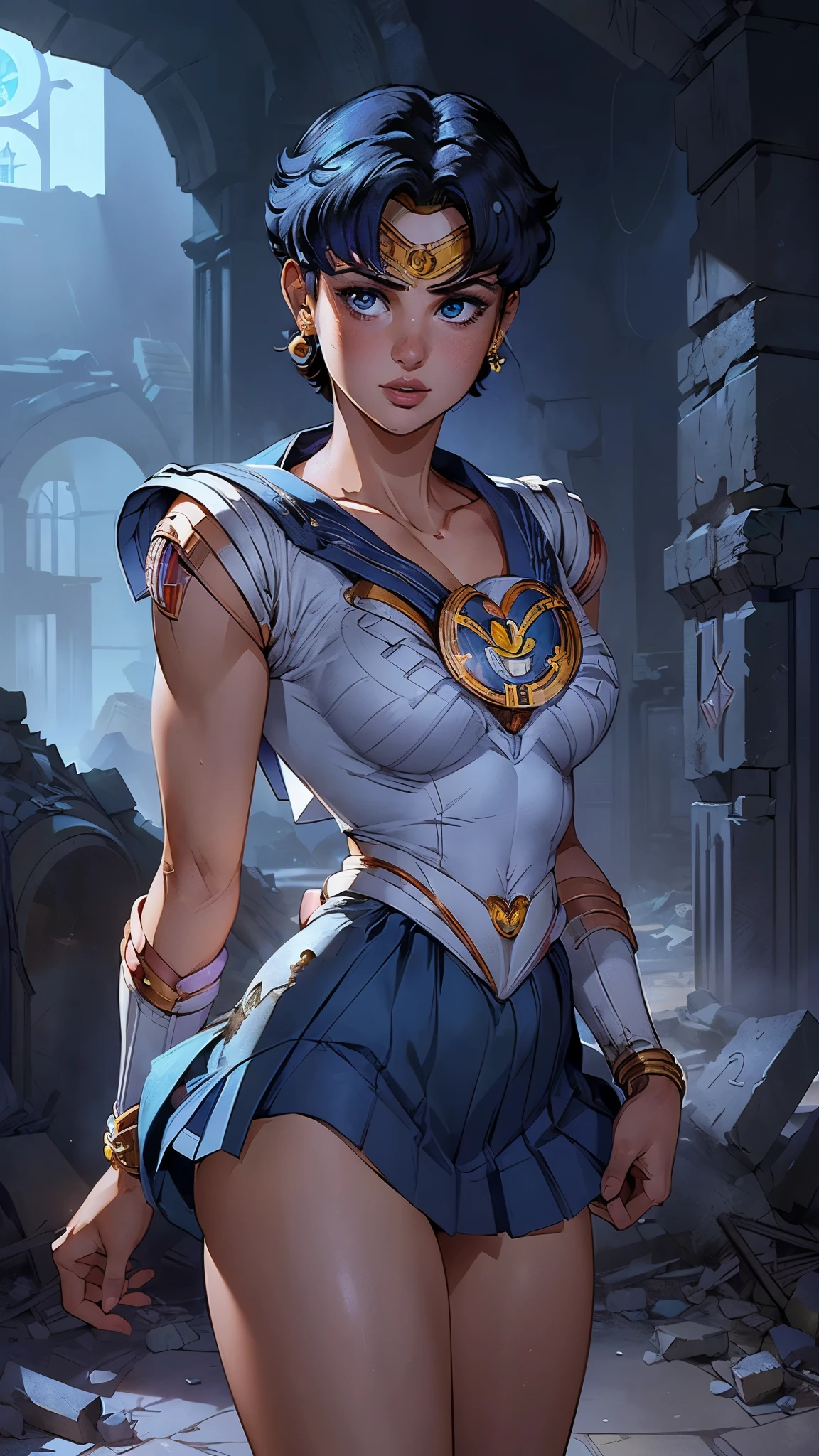 (La Best Quality,A high resolution,Ultra - detailed,actual),Selena Gomez in sailor moon mercury, ,(Ruined dungeon ruins background:1.4 ). ( SPARKLE; Glitter, (skirt lifted by itself: 1.1), (skirt lift: 1.3), (showing white panties: 1.3), More detailed 8K.unreal engine:1.4,UHD,La Best Quality:1.4, photorealistic:1.4, skin texture:1.4, masterpiece:1.8,first work, Best Quality,object object], (detailed face features:1.3),(The correct proportions),(Beautiful blue eyes),  (cowboy pose), ,(Ruined dungeon ruins background:1.4 ), (skirt lifted by itself: 1.1), (skirt lift: 1.3), (showing white panties: 1.3),( cinematic lighting :1.4), (bright colors), (Selena Gomez :1.4),( Selena Gomez V2.1), (perfect fingers :1.4), (perfect anatomy :1.4),( sailor moon mercury :1.4), (sailor moon mercurio V2.1), (ojos detailed), (luna grande brillante:1.4) 