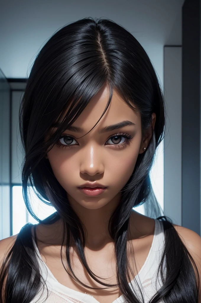make me a marvel comics panel image of a girl with BLACK SKIN with delicate features and very long straight black hair, with clear hazel eyes siren eyes, smooth jaw and in white in bathroom