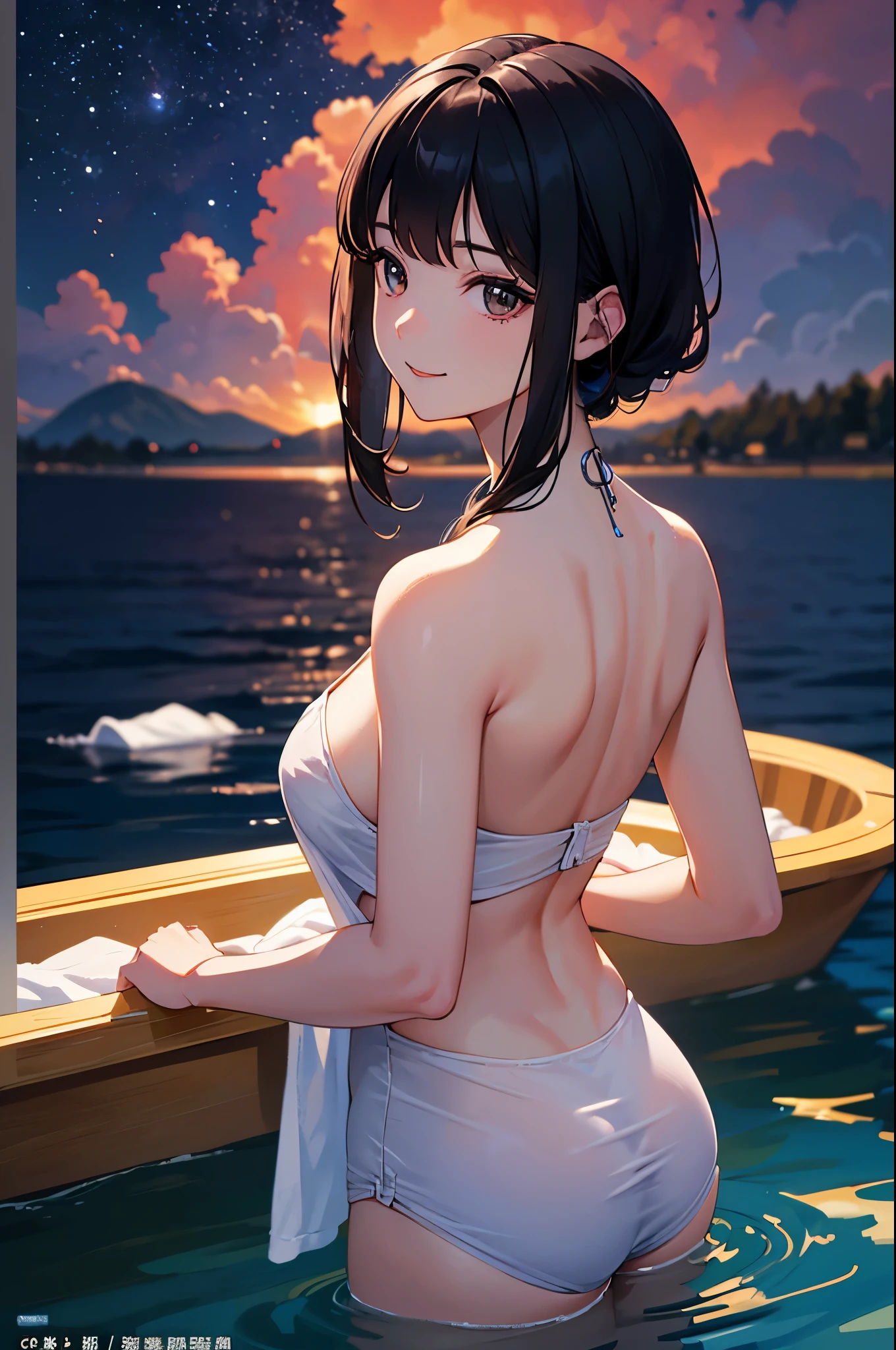 (Official Art、Highest quality、Unity 8k wallpaper、32k、masterpiece、Ultra-detailed、Ultra-high resolution、Realistic、Photorealistic:1.2)、(Cinema Lighting:1.2)、Fire Glow Effect、Film Grain、Best Shadow、Rim Light、Side light、Side Shot、(Highly detailed and intricate 3D rendering)、Sharp pupils、Realistic生徒、Cowboy Shot, Highly detailed background、Beautiful Face、Blurred Background、Beautiful girl、(Highly detailed skin、Detailed skin texture:1.3)、Milky white over a lake with a boat in the foreground, The endless universe in the background, 壮大なmilky way, 空にはmilky wayがある, 空のmilky way, Free space, milky way, Lost in the milky void, Really great images, milky wayエクスプレス, Space Photography, Galaxy in the sky, Beautiful space, Travel through the stars、bathing、bath towel、Immerse yourself in hot water up to your shoulders、Swimwear、２０Beauty of the Year、Beautiful black hair、Blunt bangs、The eyes are brown、A happy smile、From behind、Hips、Beautiful back、