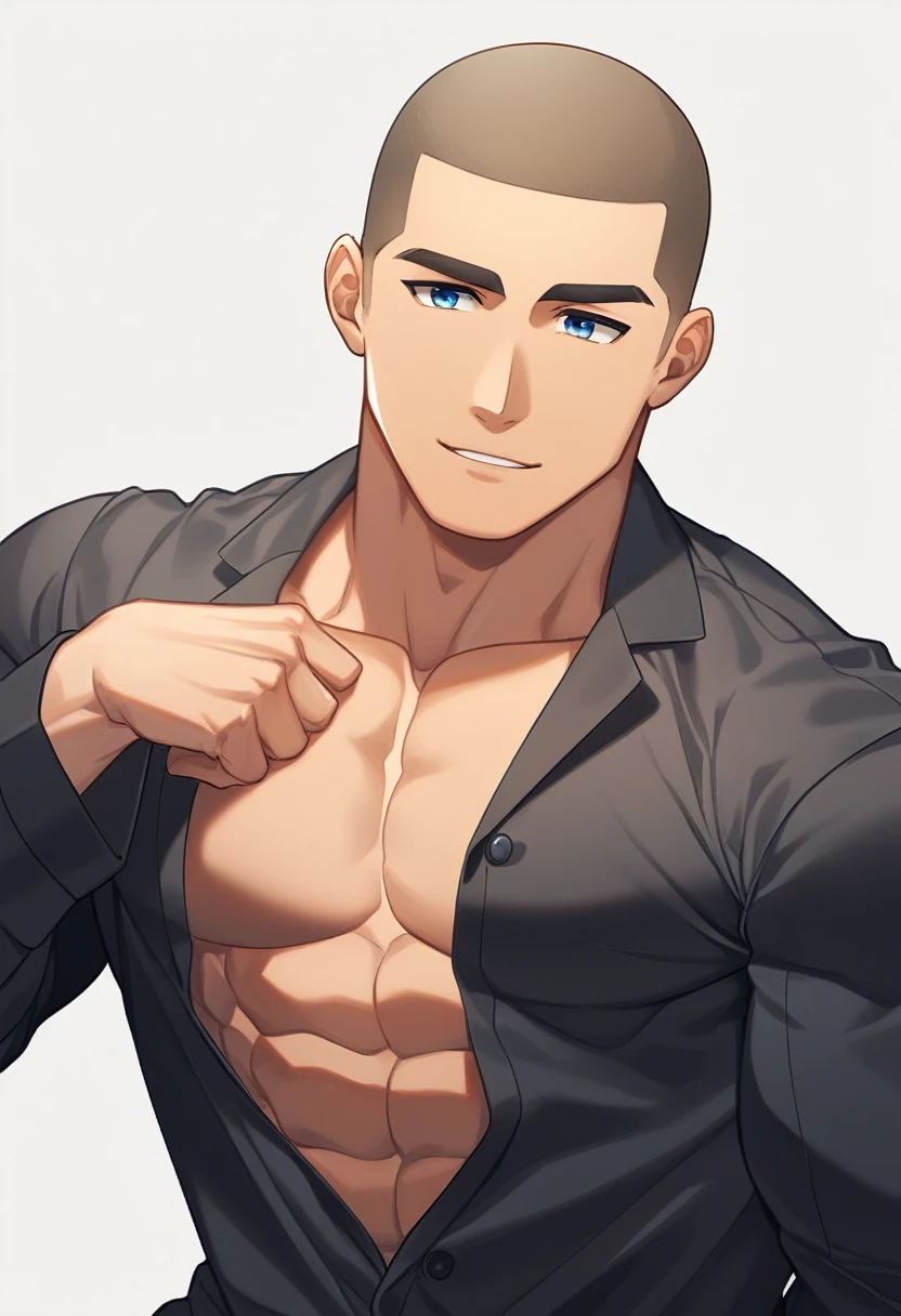 1boy, male focus, sitting on the bed, sidepec, muscular male, muscular, bara, defined abs, upper body, solo, pose bodybuilder, trusting, big smile, very short hair, buzzcut, stubble, light brown hair, clear blue eyes, slepping, parted lips, open black sedan pajamas, distant and sad look, white background, simple background, best quality, amazing quality, best aesthetic, absurdres, year 2023