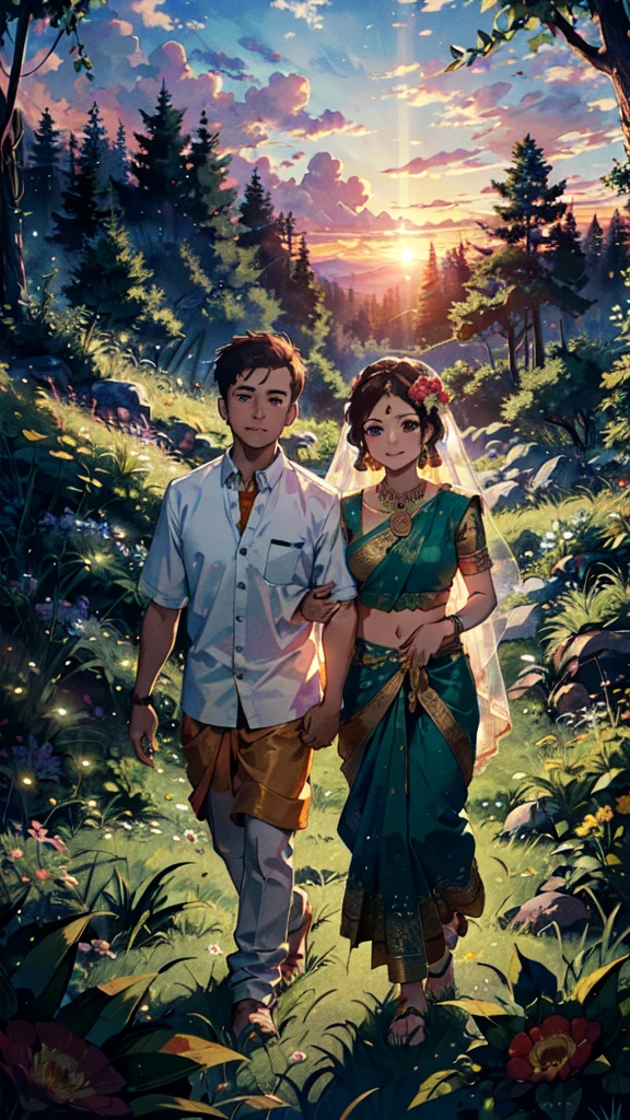 beautiful sunset, hindu temple, newly married south indian couple in traditional saree and doti outfit, decorative flower garland in thier neck, BREAK (masterpiece, best quality:1.2), outdoors, nature, forest, pines, grass, tall grass, detailed grass, plants, day, clouds, flower 