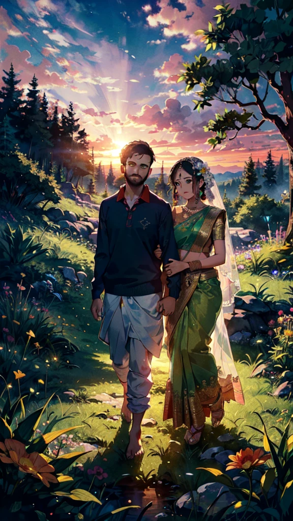 beautiful sunset, hindu temple, newly married south indian couple in traditional saree and doti outfit, decorative flower garland in thier neck, BREAK (masterpiece, best quality:1.2), outdoors, nature, forest, pines, grass, tall grass, detailed grass, plants, day, clouds, flower