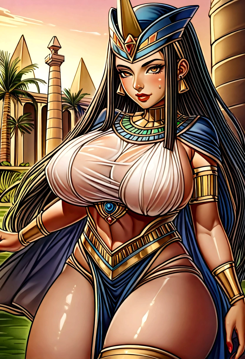 (((nefertiti))),beautiful queen nefertiti, Egyptian queen, beauty的woman, Egyptian, gorgeous,beauty,woman,Ancient Egyptian Girl,1 Girl,
(Large Breasts:1.4),(((Brown_Eye:1.3))),complex Eye,beautiful detailed Eye,symmetrical Eye,((((Glowing skin:1.5,Tanned skin,Bright skin: 1.5,dark tanned skin,Glowing skin,very Glowing skin,Shiny body,Reflective Skin)))),(Lower abdomen,Willow Waist,Wide hips,Athlete's physique,Inflatable legs,Thick thighs,(Delicate face)),beauty细致的嘴唇,((Perfect body :1.2, (Round breasts :1.1)),
Lovely,debauchery,Sensual,Tempting look,Tempting,(()),gorgeous的,luxury,((Not suitable for working hours)),
(Very detailed clothes:1.2),(Elegant Ancient Egypt), apparel, ((Egyptian queen nefertiti costume,Egyptian queen nefertiti clothes)),(Egyptian clothing,Egyptian Queen,majesty),Egyptian style,Egyptian accessories,(Egyptian jewelry in her arms),(((Wet clothes,complex outfit,Embroidered Clothes,gorgeous的服装,complex cloth,Embroidered cloth,gorgeous的布))),
(Flirting posture:1.3), Looking at the audience,Awkward,Center,Scale to Fit,Rule of Thirds,
outdoor,pillar,((pillar background,Egyptian palace,Egyptian palace background,Pyramids in the background)),landscape,extremely landscape,(Puddles of water everywhere,moss,moss on the background), Egyptian style,Egyptian Castle,Lotus Leaf,Palm tree,(Sunset, Prime Time),
(Shiny Egyptian jewelry),high resolution,Clear focus,(Extremely detailed,Extremely detailed),(Realistic artwork:1.37),(Extremely detailed CG unity 8k wallpaper),(((Vibrant colors,Vibrant Theme))),(complex),(masterpiece),(best quality),艺术photography,(photography:sldr),(complex background),Perfectly presented face,Perfect facial details,Realistic face,Photo-realistic,((complex detail)),(((realism))),huge , Crazy breast swelling, Chest larger than shoulder blades, Big breasts and thin waist,(huge breasts:1.2),Hydrated skin((rogue))((非常huge乳房)),((Grooves reveal original skin))